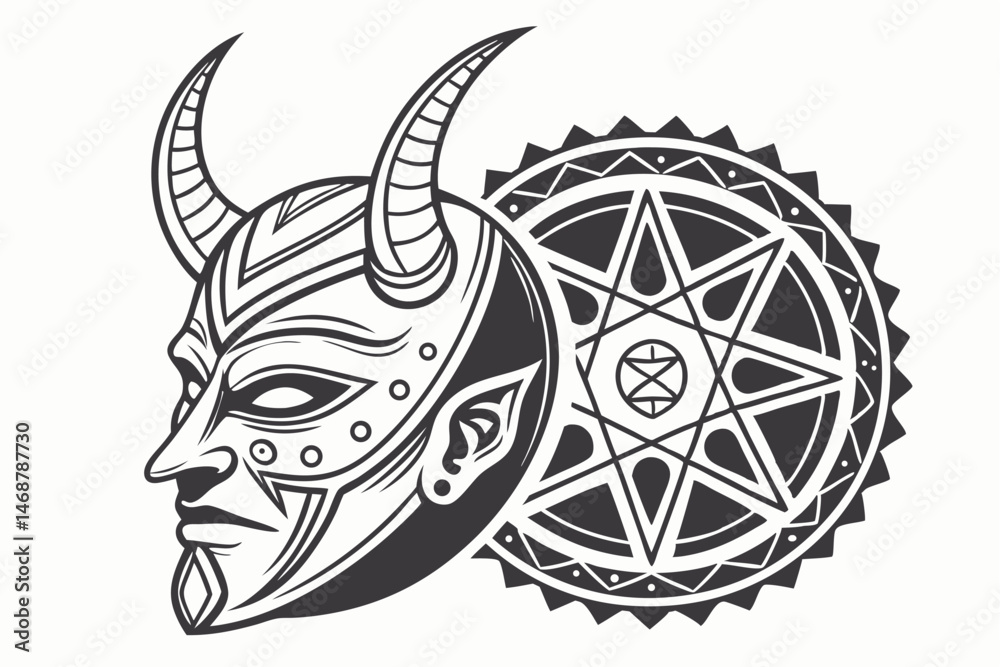 Obraz premium 102 ornate,intricate,detailed,demonic,mask,horns,geometric,occult,esoteric,dark,gothic,digital art,mystical,fantasy
