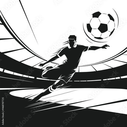 Monochrome silhouette of a soccer player kicking a ball in a stadium
