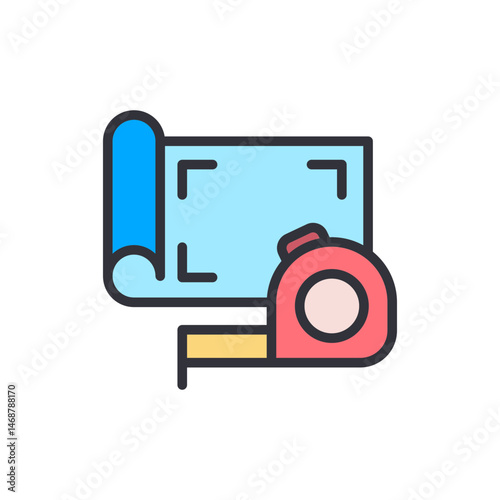 Colorful flat design architecture blueprint with measuring tape element