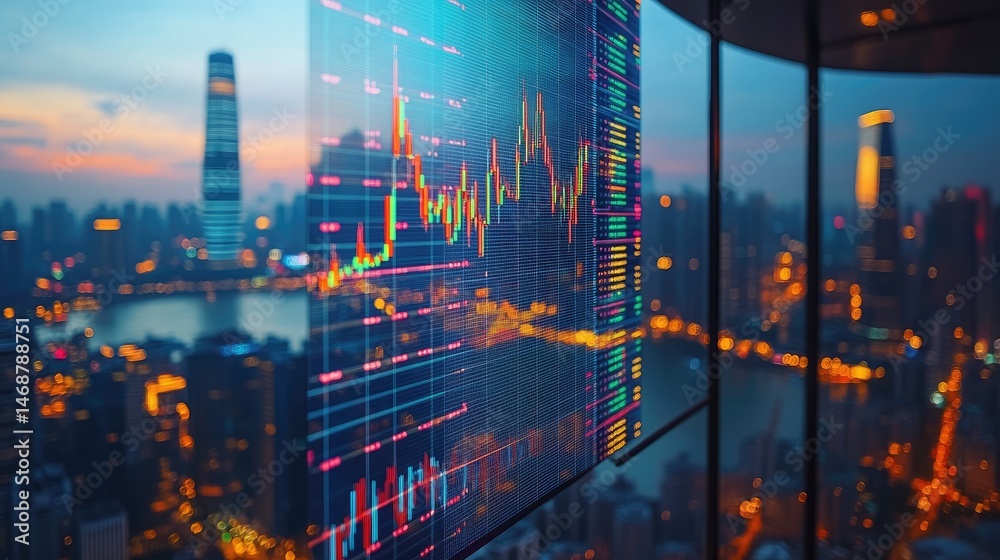 Fototapeta premium Financial data displayed on a large screen overlooking a vibrant cityscape at twilight