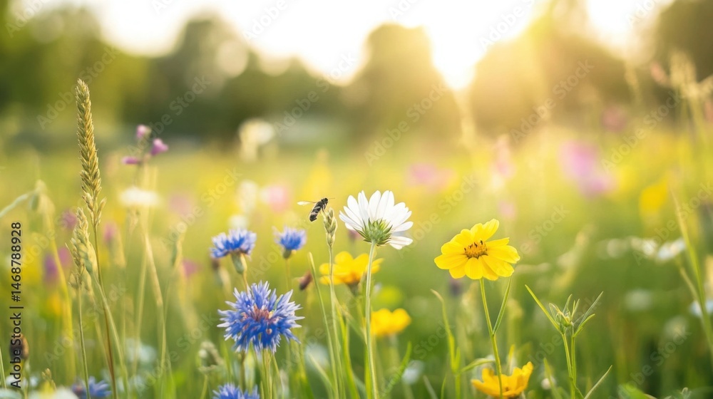 Fototapeta premium Wildflower meadows buzzing with pollinators in an eco-friendly farm