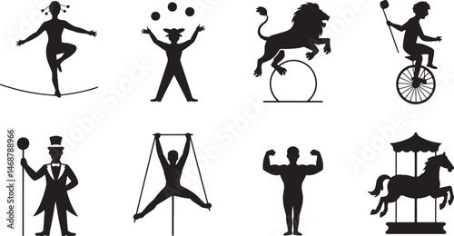 Illustrated silhouettes of circus performers and animals including lion and carousel horse