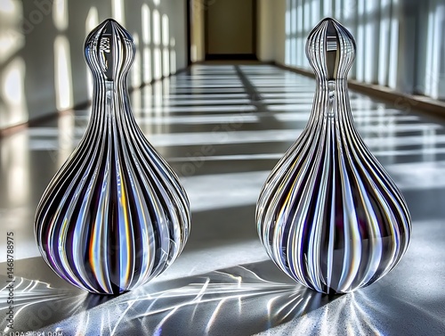 An elegant glass on a gray surface, reflecting the surrounding light in an abstract pattern, creating an artistic atmosphere