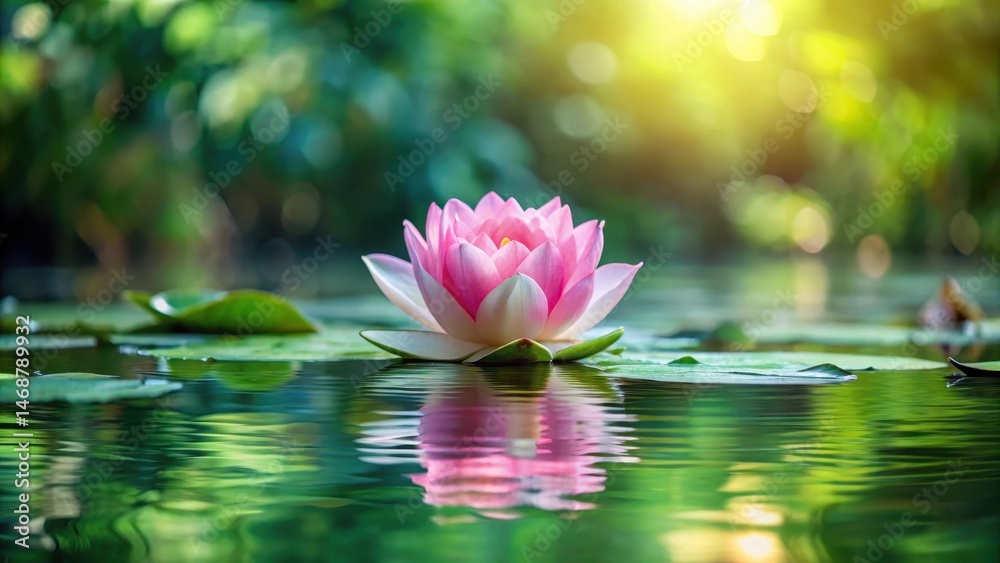 A delicate pink rose petal gently floating on the surface of a serene lake, surrounded by lush greenery and vibrant water lilies , nature beauty, lake scenery
