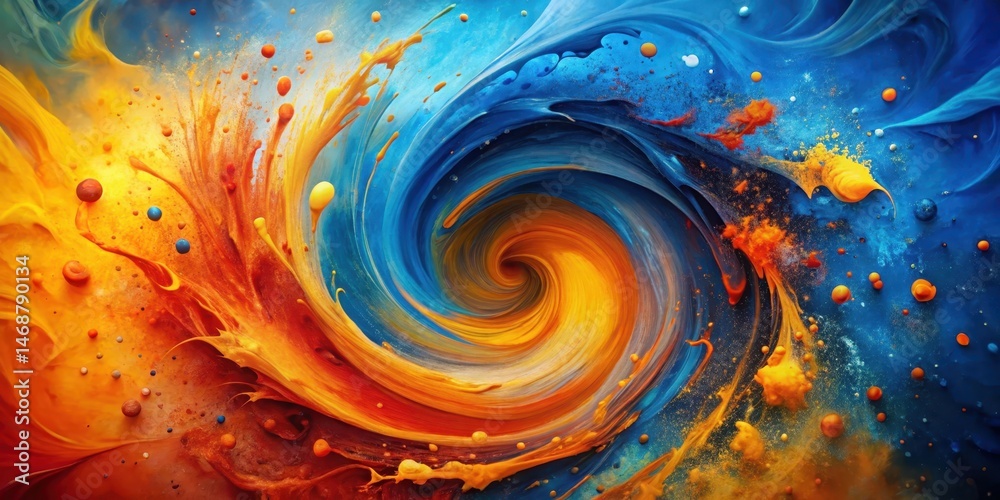 Colorful swirling vortex of blues and oranges with splatters of yellow and red, texture, energy, texture, energy