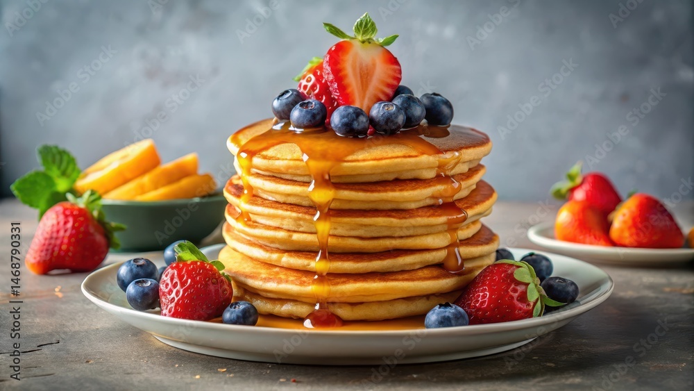 Fluffy golden brown vegan pancakes stacked high on a plate with fresh fruits and maple syrup drizzle, fruit stack, foodie delight