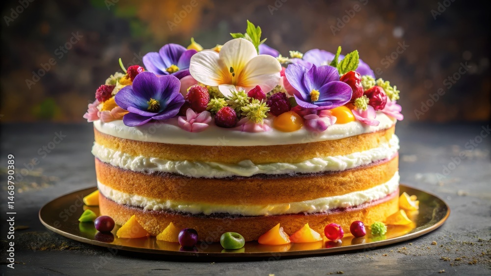 Elegant dessert composition featuring a multi-layered cake adorned with colorful glazes and topped with fluffy whipped cream and delicate edible flowers, flowers, luxurious