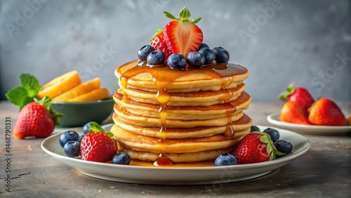 Obraz na płótnie Fluffy golden brown vegan pancakes stacked high on a plate with fresh fruits and maple syrup drizzle, fruit stack, foodie delight w salonie