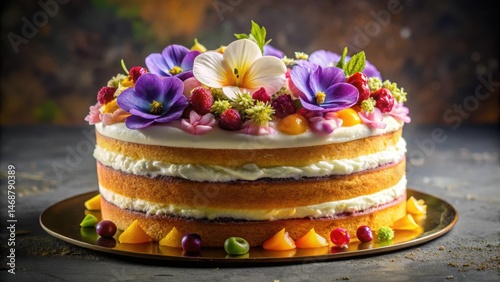 Obraz na płótnie Elegant dessert composition featuring a multi-layered cake adorned with colorful glazes and topped with fluffy whipped cream and delicate edible flowers, flowers, luxurious w salonie