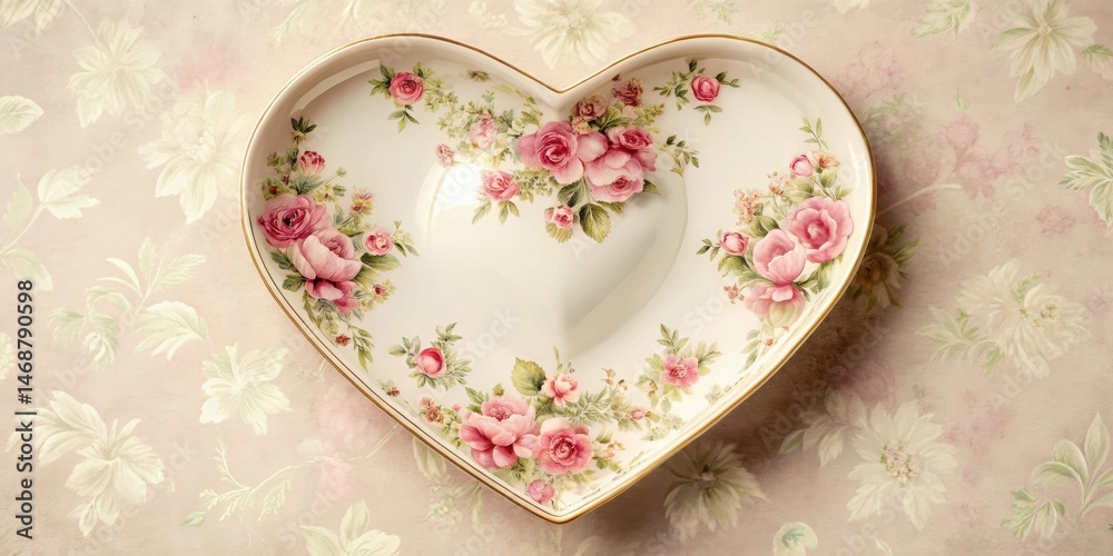 A delicate heart-shaped plate with a soft pink floral design on it, antique style