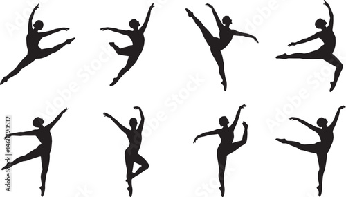 Elegant silhouettes of graceful ballet dancers performing various dance poses and movements