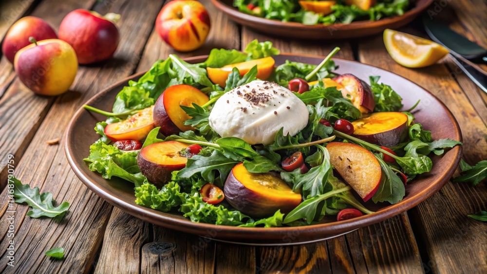 Fresh mixed greens salad topped with roasted peaches and creamy burrata cheese, served on a rustic wooden table, burrata cheese, rustic table