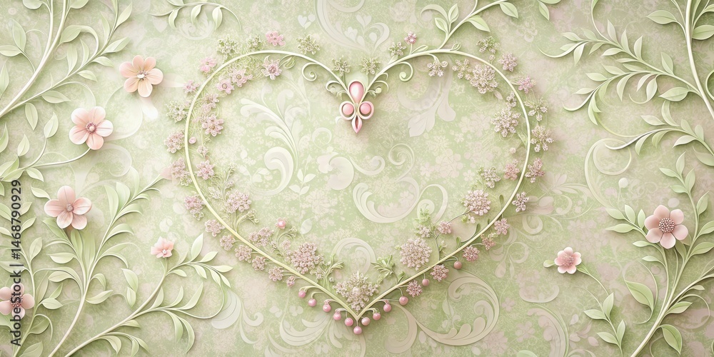 Soft pastel heart wallpaper with delicate floral patterns and intricate vines intertwined , flowers