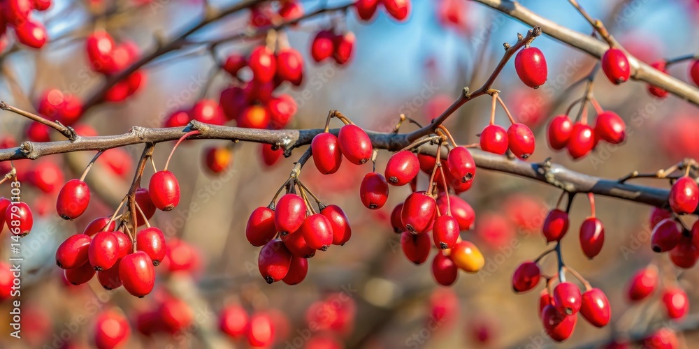 Blooddog Cornus sanguinea with red berries on a bare tree branch in winter , deciduous shrub, blood dog cornel black berries evergreen tree