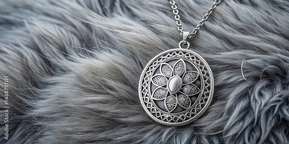 Fur-lined pendant necklace resting on gray fur background with intricate design , Leather Wrapped Necklace, Jewelery Box