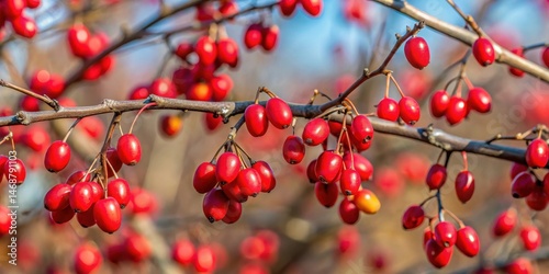 Obraz na płótnie Blooddog Cornus sanguinea with red berries on a bare tree branch in winter , deciduous shrub, blood dog cornel black berries evergreen tree w salonie