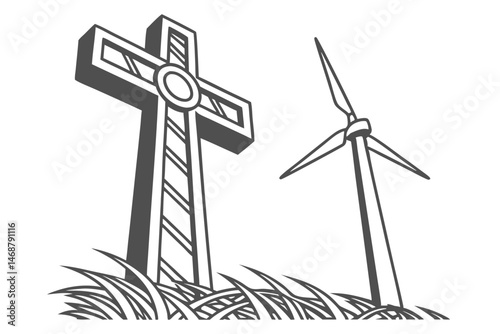 104 cross,wind turbine,black and white,simple,minimalist,geometric