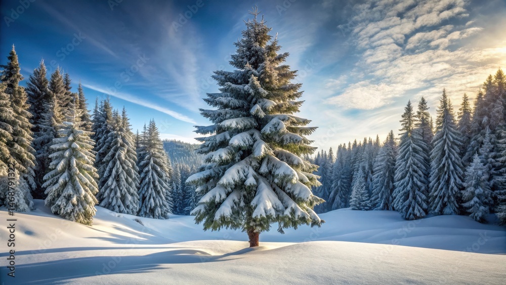 A majestic fir tree with a naturally occurring heart-shaped trunk in the snow-covered forest landscape, outdoors, natural formations