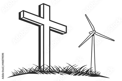 104 cross,wind turbine,black and white,simple,minimalist,geometric