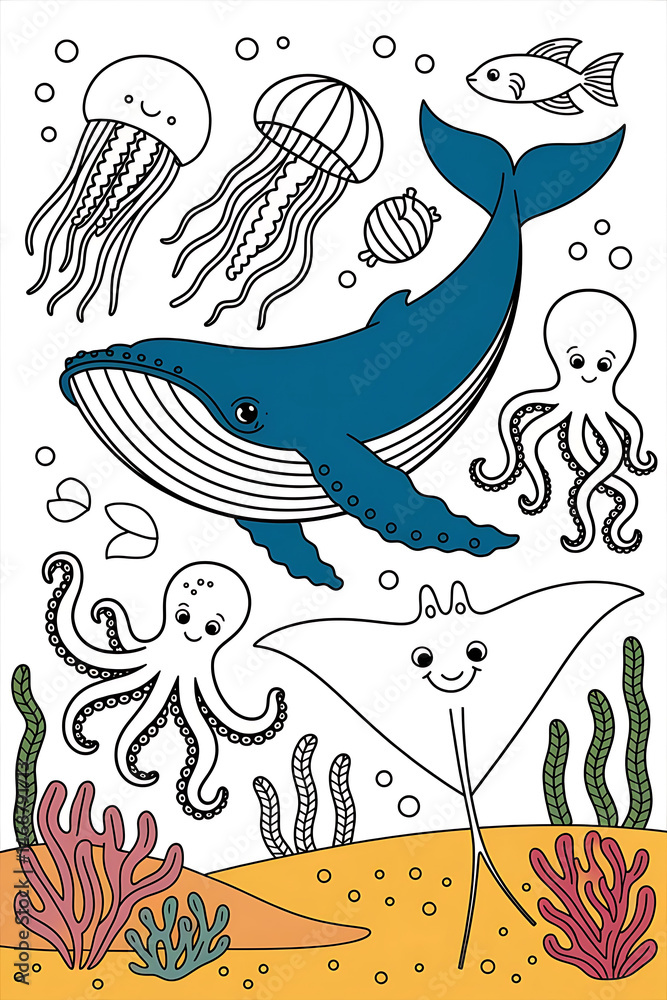 Fototapeta premium Sea animals set collection coloring page for kids