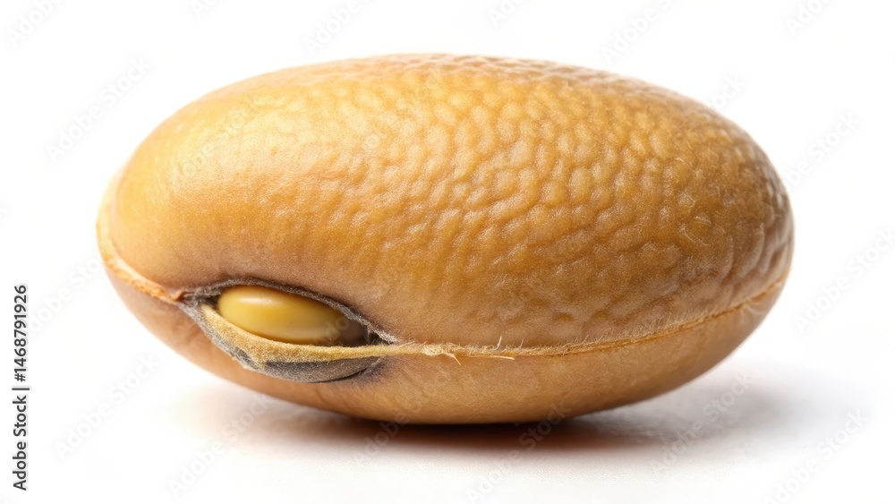 Detailed view of a single soybean seed with its ridged surface and brown color against a white background, agriculture, seeds