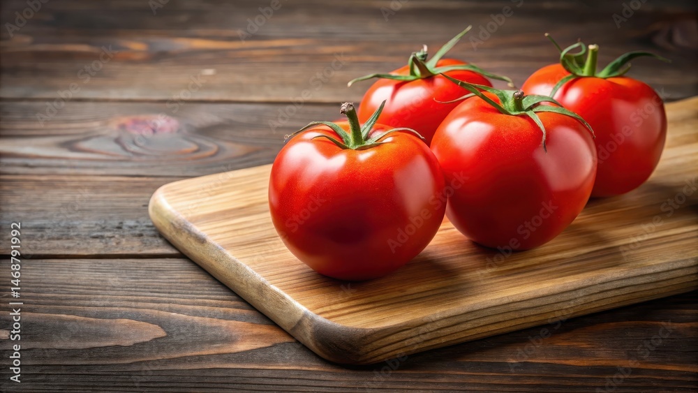 Three plump red tomatoes placed side by side on a wooden cutting board