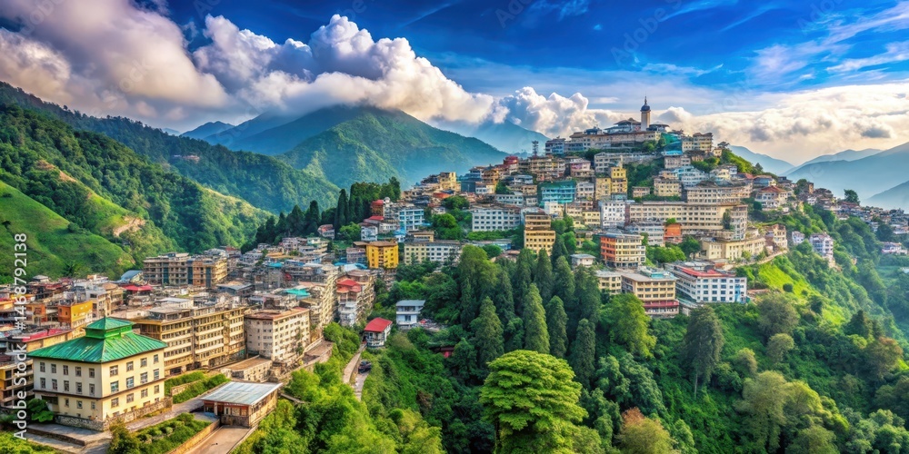 Panoramic view of Gangtok town with lush green hills and majestic mountains in the background, showcasing the city's unique blend of Indian and Tibetan cultures, Mountain Range, Gangtok