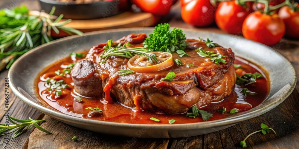 Braised Veal Shank Steak in Rich Tomato Sauce with Fresh Parsley and Rosemary, braising liquid