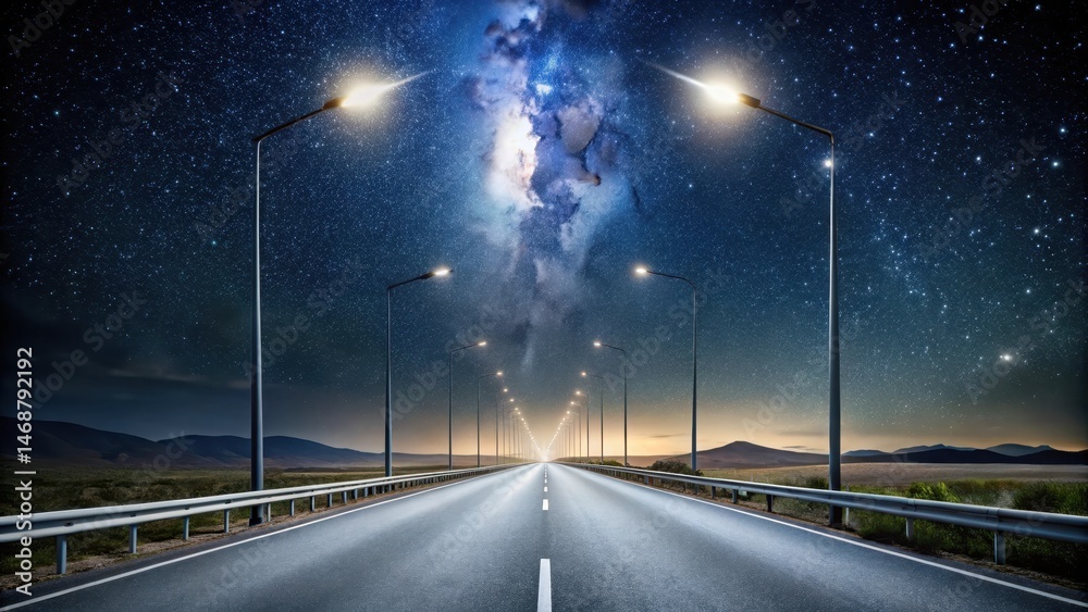 Dark empty highway with modern LED street lights illuminating the darkness, creating a sense of isolation and vastness under starry night sky, dark atmosphere, isolated landscape
