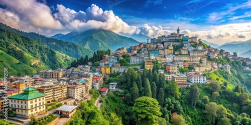 Obraz na płótnie Panoramic view of Gangtok town with lush green hills and majestic mountains in the background, showcasing the city's unique blend of Indian and Tibetan cultures, Mountain Range, Gangtok w salonie