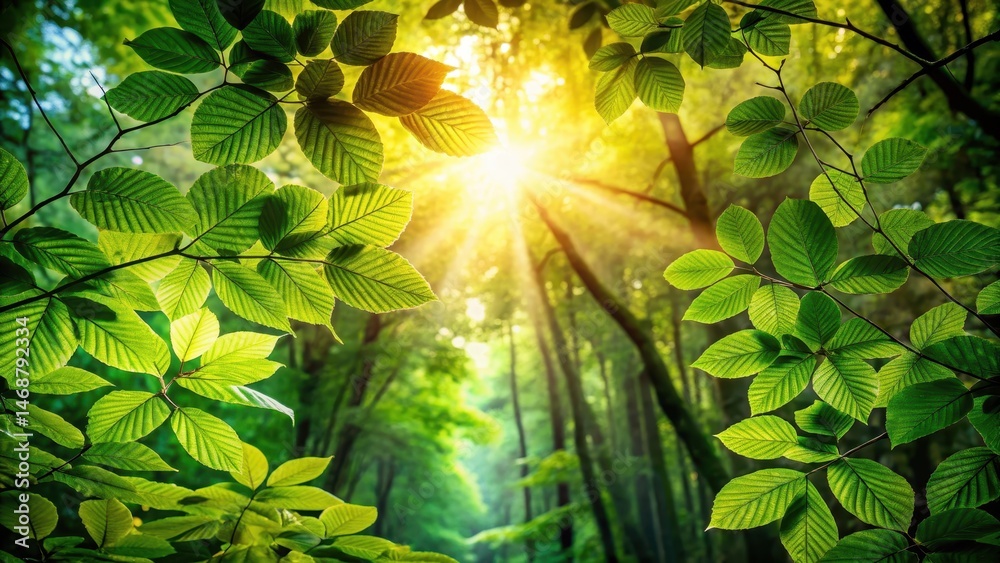 Dense foliage and sunlight filtering through tree leaves in a dense forest, highlighting the intricate details of nature, forest