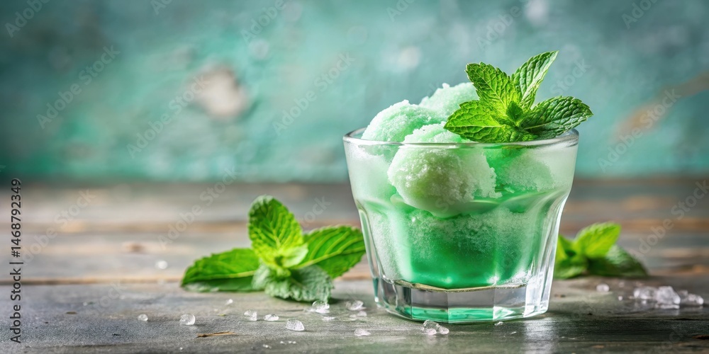 Mint sorbet in a glass with ice, refreshing drink, summer vibes, refreshing drink, summer vibes