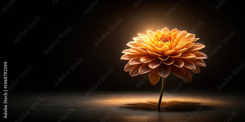 A majestic black background with diffused orange light from above illuminates a solitary flower, its petals delicately unfolding towards the warm glow , darkness, diffused light