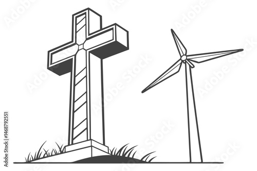 104 cross,wind turbine,black and white,simple,minimalist,geometric