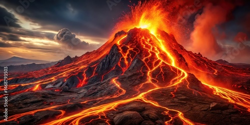 Intense red lava flows across a dark surface with a subtle gradient effect, conveying intense heat and energy, volcanic eruption , earthy tones