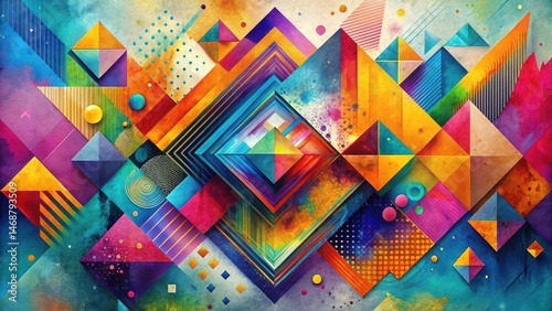 Colorful geometric shapes in abstract art style with vibrant brush strokes, abstract design , geometric shapes