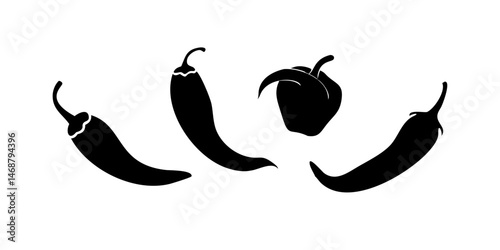 Hot chili paper black icon set vector on white background.Simple Black and White Chili Pepper Silhouettes. hot pepper, paprika vector silhouette.