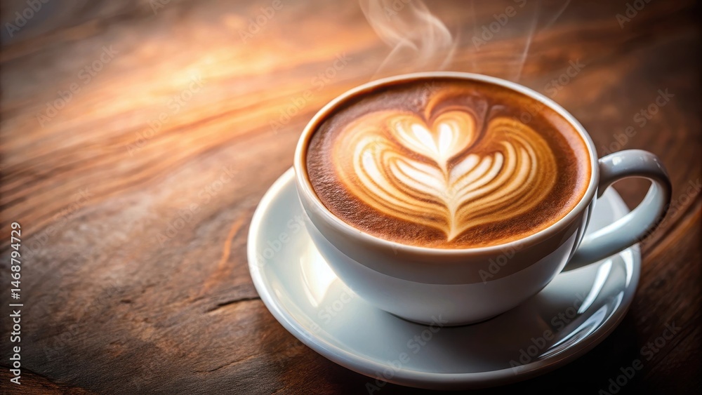 Delicate heart design on a warm latte coffee cup with intricate foam patterns and subtle steam effects, frothy milk, latte cup