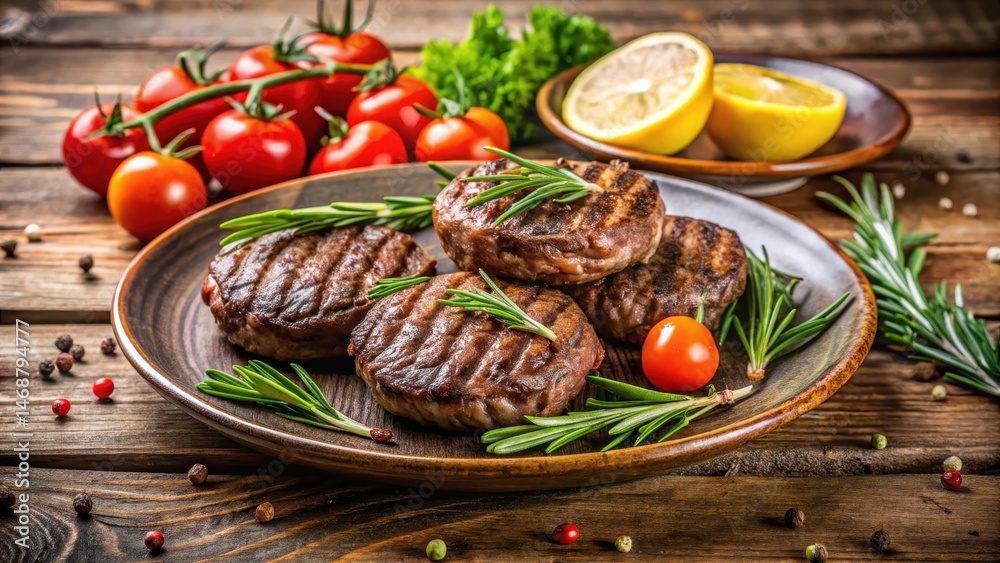 Grilled beef patties on plate with rosemary and tomatoes in a rustic wooden background, surrounded by fresh herbs and garnished with lemon slices, garnish, rustic