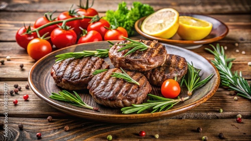 Obraz na płótnie Grilled beef patties on plate with rosemary and tomatoes in a rustic wooden background, surrounded by fresh herbs and garnished with lemon slices, garnish, rustic w salonie