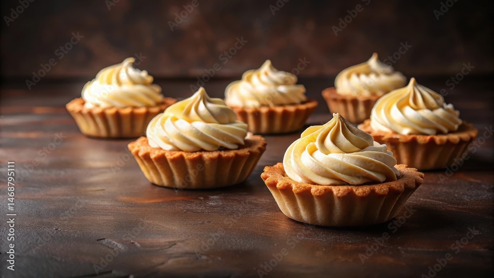 Tartlets with buttercream on a dark brown diagonal background, kitchen decor , desserts
