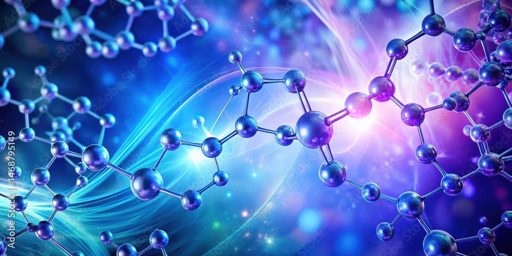 Cosmic blue molecular structure against a purple gradient background with swirling shapes and patterns , science background, molecular structure