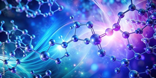 Obraz na płótnie Cosmic blue molecular structure against a purple gradient background with swirling shapes and patterns , science background, molecular structure w salonie