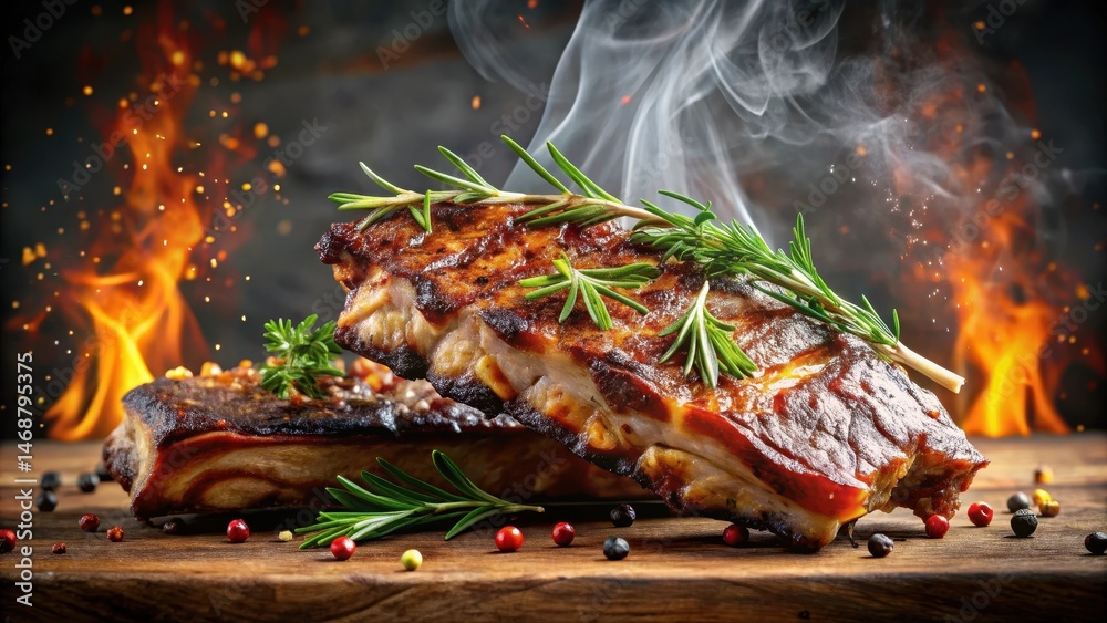 Pan-seared ribs with a blend of herbs and spices fall off the bone, emitting a savory aroma , BBQ, tender