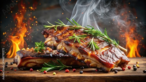 Obraz na płótnie Pan-seared ribs with a blend of herbs and spices fall off the bone, emitting a savory aroma , BBQ, tender w salonie