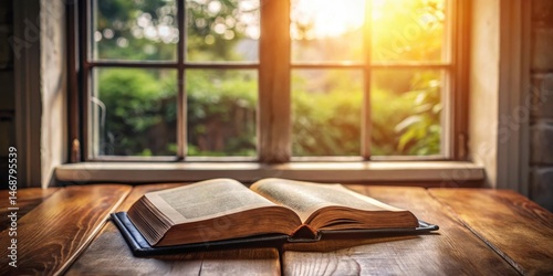 Obraz na płótnie A leather-bound Bible with Colossians opened on a wooden desk in a quiet study room with soft natural light filtering in through a window , study, reading w salonie