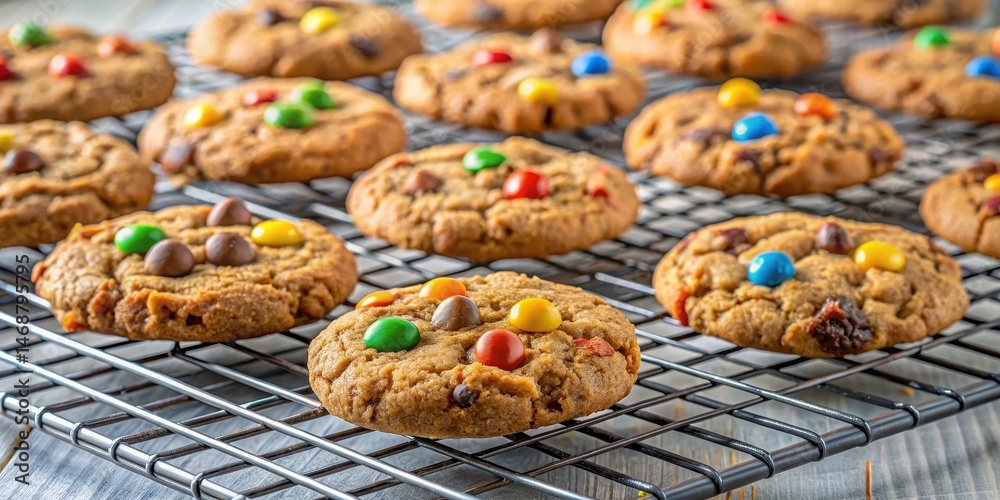Monster cookies on a wire rack, food displays, baked goods, food displays, baked goods
