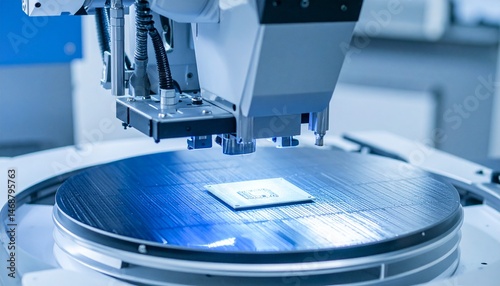 A robotic arm precisely places a microchip on a silicon wafer.
