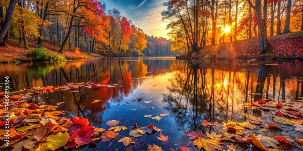 Colorful autumn leaves reflected in the calm surface of a forest pond at sunset, forest floor, outdoor photography
