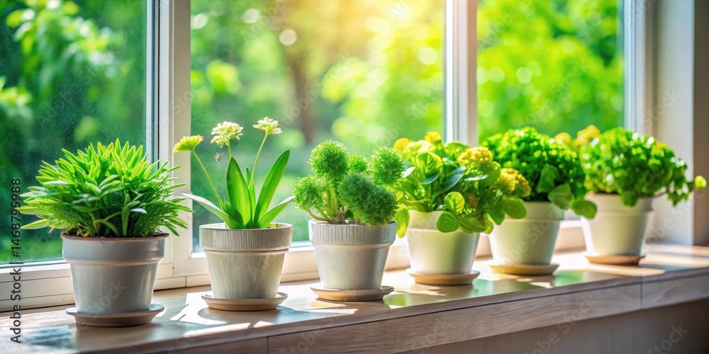 Green flowers in small pots on a windowsill with natural light filtering through the glass, plant arrangement, home decor